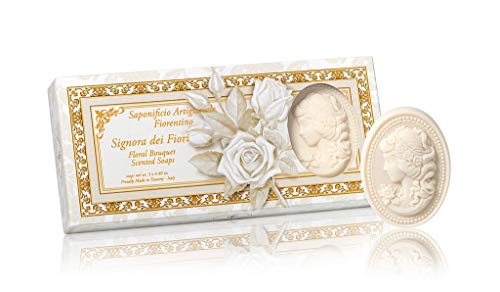 Dame des fleurs, savons ovales sculptés avec camée, parfum rafraîchissant de floral, Savon de Fiorentino italienne, 3 x 125 gr Cover