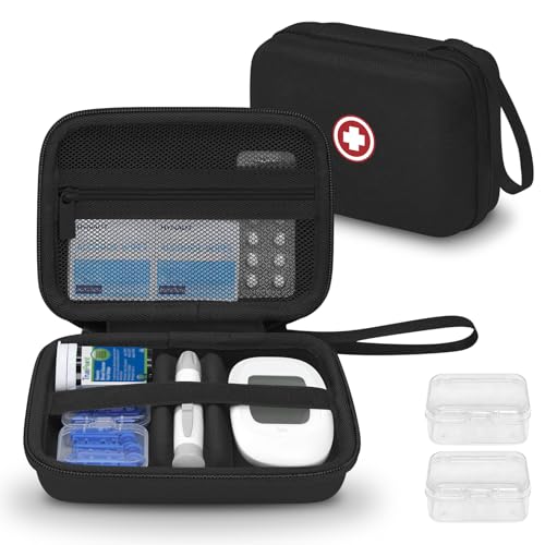 Diabetic Supplies Travel Case, Carrying Case Organizer for Diabetes Testing Kit, Blood Glucose Monitor Kit with Meter, Blood Sugar Test Strips, Lancets, Lancing Device(Case Only) (Black Interior)