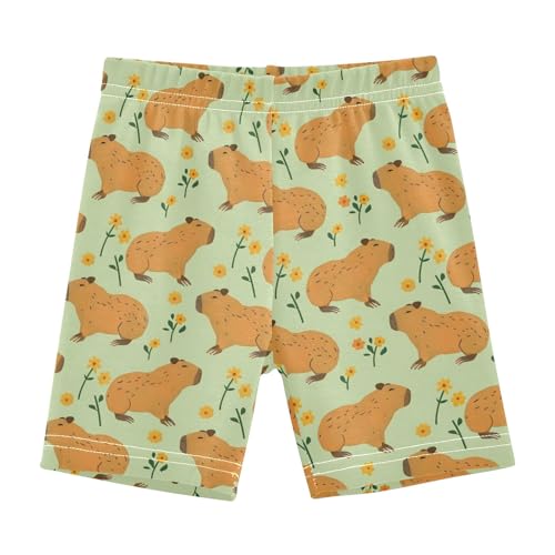 Capybara with Flowers Prints Girls Shorts Elastic Waist Sports Shorts Girls Leggings Pants for 4-10 Years