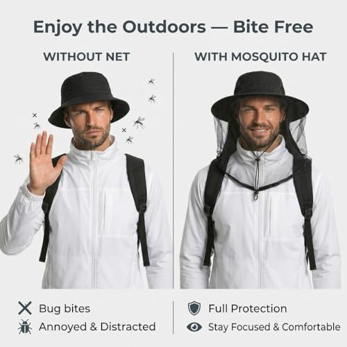 Image of Mosquito Hat with Netting, Mosquito Hats Lightweight Outdoor Fishing Hiking Camping Bug Net for Men & Women, Grey