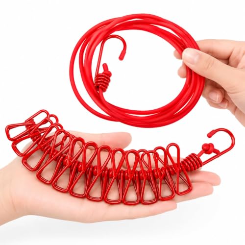 Image of WELLUCK 1 Pc Elastic Clothes Drying Rope with Hooks & 12 Clips | Portable Hanging Clothesline for Travel, Home, Balcony & Outdoor Use | Kapde Sukhane Ki Rassi Wire | Strong Stretchable