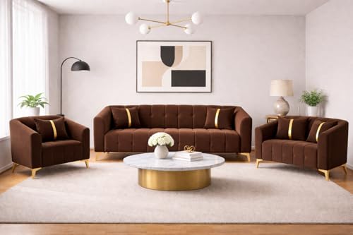 Image of Adorn India Premium Mystic - 3 Years Warranty - 3+2+1 Sofa Set Velvet Suede Fabric - Brown