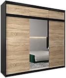 ABIKSMEBLE Tokio 1 250 Armario 3 Puertas Correderas para Dormitorio - Armario Moderno con Espejo, Barra y Estantes - 250x240x62 cm (Ancho x Alto x Fondo) - Negro Mate + Sonoma con Extensión