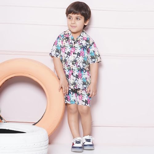 Image of AJ DEZINES Kids Cotton Shirt Shorts Half Sleeves Floral Printed CO-ORDS Set for Boys