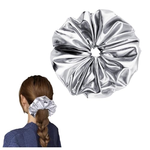 Silver Metallic Hair Ties for Girls Women Y2k Hair Accessories for Braids Buns Ponytail Holders Bling Large Elastic Scrunchie for Girls Women Sparkly Disco Party Accessories Shiny Metallic Scrunchies