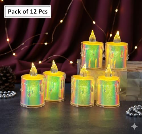 Image of 12Pc LED Tea Light Candles | Flameless & Smokeless Diya | Decorative Acrylic Candle | Home Decor, Navratri Decor Items, Diwali Decoration Item, Room, Table, Pooja Room Decor (Rainbow) | Popo Toys
