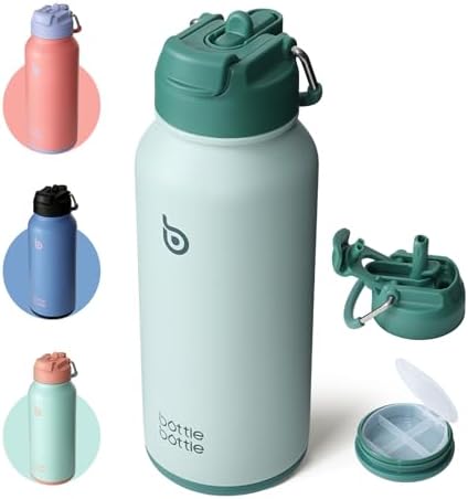 BOTTLE BOTTLE Edelstahl Trinkflasche 850ml Strohhalm&Pillenfach Sport Grün | Isolierflasche auslaufsicher mit Direkttrinken, doppelwandig, BPA-frei, Thermoflasche für Fitness, Outd