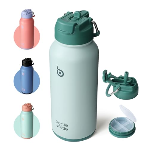 Butelka na wodę, izolowana, 950 ml, sportowa, ze słomką, podwójna pokrywka, na napoje, na siłownię, z pudełkiem na tabletki, zielona