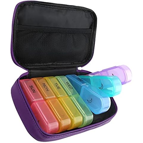 7 Day Pill Organiser 2 Times a Day Big Pill Box Weekly Pill Organiser 2 Times a Day with Portable Zipper PU Leather Bag BPA Free AM PM for Medication Capsule Vitamins Fish Oils (Purple) Cover
