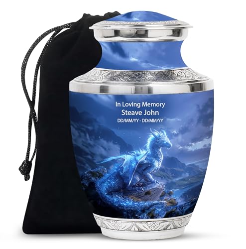 Image of Dragon Personalized Urns for Ashes - Funeral Urn for Ashes Adult Male - Large Urn for Ashes for Men - Burial Urn for Mom & Dad - Customized Cremation Urn - 10 Inch Large with Velvet Bag
