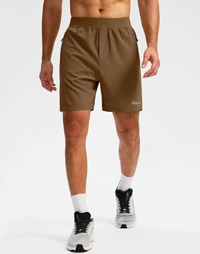 Pudolla Men's Workout Running Shorts With 3 Zipper Pockets Lightweight 7" Gym Shorts For Men Athletic Walking Hiking(Brown Medium) #TOP1