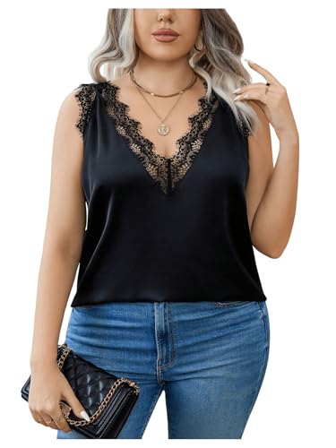 SHENHE Women's Plus Size Lace Trim V Neck Sleeveless Satin Loose Tank Elegant Top Shirt