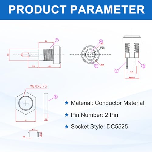 MECCANIXITY 12pcs DC5525 conector de panel 10x10x18mm miniatura 3