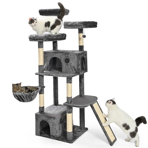 Amazon Basics 68-Inch Extra Large Cat Tree Tower, Multi-Level Activity Center with 2 Large Condos, Multiple Sisal Scratching Posts and Hanging Pompoms, Gray