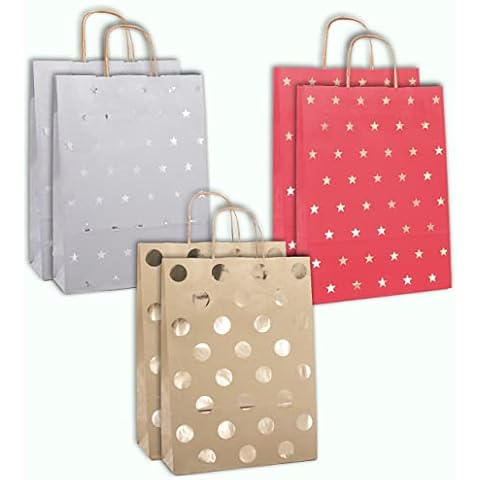 Caliko Gift Bags Large Pack of 6 - Gift Bags with 3 Unique Gold Designs, Premium Kraft Paper Bag with Handles-Gift Bag Large for Regular Occassions Cover