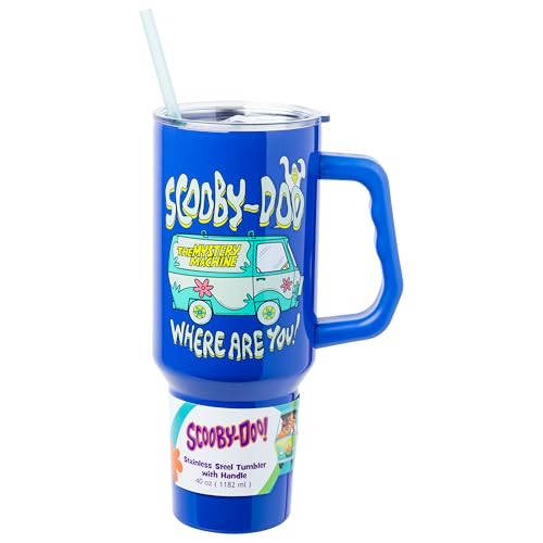 Silver Buffalo Scooby-Doo “Where Are You!” Double Walled Stainless Steel Tumbler with Handle Featuring The Mystery Machine, Fits in Standard Cup Holder, 40 Ounces