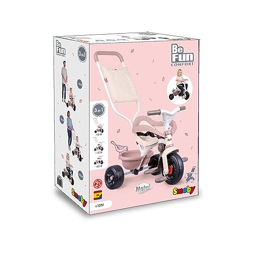Smoby - Tricycle Be Fun Confort Rose - Vélo Enfant Dès 10 Mois - Evolutif - Canne Parentale avec Sacoche - Arceau de Sécurité - 740417