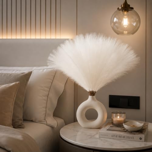 Image of Artificial Pampas Grass Set of 3 for Home Decor, Faux Fluffy Dried Flower Stems for Vase Decoration, Boho Table Centerpiece, Artificial Flowers for Living Room Bedroom Office Decor. (White)
