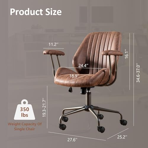 Image of Mid Back Home Office Chair, Mid Century Modern Leather Computer Desk Chair, Comfy Executive Rolling Swivel Task Chair with Wheels Armrest Height Adjustable,Dark Brown