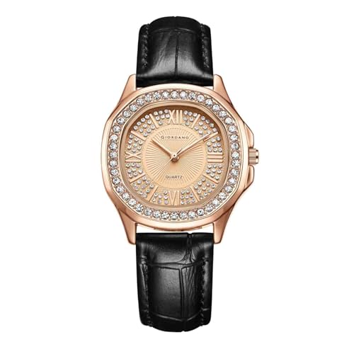 Image of Giordano Luxury Analog Watch for Women with Crystal-Studded Bezel & Leather Strap - Octagonal Case, Elegant Quartz Wristwatch