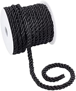 PandaHall 8mm Twisted Cord, 3 Braided Cord Trim Rope Trim Craft Decorative Rope Black Twisted Silk Ropes for Curtain Tieback, Upholstery, Honor Cord, Christmas Garland, Handbags Handles
