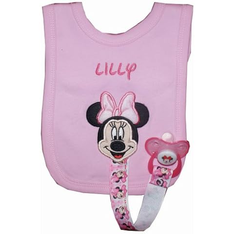 Minnie Mouse Personalised Bib with Dummy Clip & Dummy, Handmade in The UK with Embroidered Name Cover