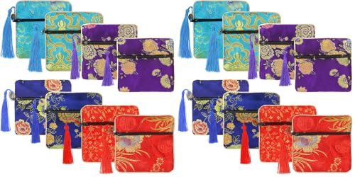 Image of PINOWU 8pcs Silk Brocade Jewelry Bags with Zipper (11.5x11.5cm), Jewellery Silk Purse Pouch Gift Bags for Women Coins Traveling Jewelry Rolls Wedding Birthday Party Favors (Pack of 2)