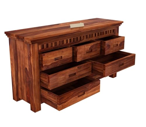 Image of Solid Sheesham Wood Wooden Chest of Drawers with 7 Drawer Storage - Multipurpose Storage Dresser Cabinet Rack for Bedroom Home Living Room (Jerry)