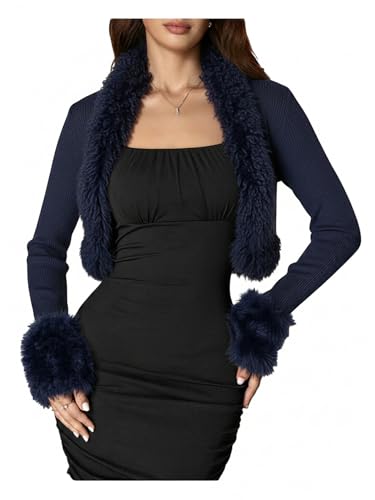 MakeMeChic Women's Faux Fur Open Front Coat Valentines Fuzzy Long Sleeve Crop Jacket Outerwear Blue a Small
