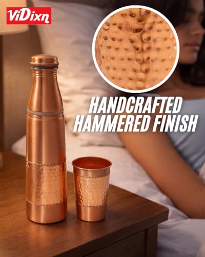 Image of Pure Copper Water Bottle 950ml - Ayurvedic Leak-Proof Copper Bottle for Drinking Water - Handcrafted Mandala Design - BPA-Free & Eco-Friendly - Improves Immunity & Digestion (With Glass)