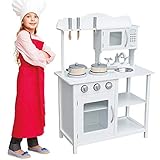 bakaji cucina in legno giocattolo per bambini con lavello in acciaio 2 fornelli forno apribile e microonde chiusure magnetiche pentole padelle e accessori gioco 60 x 30 x 90 cm (bianco)