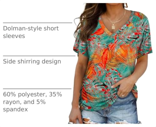 Image of WIHOLL Womens Summer T-Shirts Short Sleeve V Neck Dolman Tops with Side Shirring Loose Fit Shirts Spring Fashion