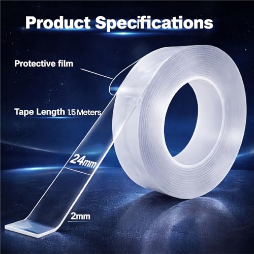 Image of YAJNAS Nano Double Sided Tape | Heavy Duty Reusable Washable Traceless Adhesive Gel (2mm Thick, 24mm Wide) | Strong Multipurpose Mounting Tape for LED Lights, Hooks, Frames & Home Use (1.5 METERS)