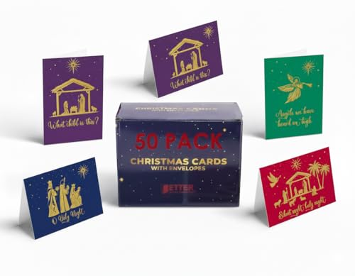 Better Office Products 50 Pack Religious Christmas Cards with Embossed Gold Foil Accents, 5' x 7', High Gloss, Gold Foil Interior Greeting, with 50 Envelopes, 50 Count Boxed Assortment