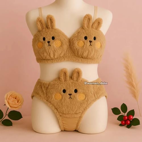 Image of Premium Cute Bunny Plush Bra & Panty Lingerie Set for Women - Imported Soft Fuzzy Rabbit Cartoon Innerwear, Sexy Cozy Teddy Fur Bunny Cosplay Lingerie for Honeymoon Romantic Date