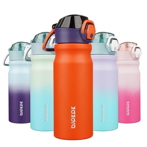 Image of BJPKPK 18 oz Water Bottle with Straw & Handle, Insulated Stainless Flask | Leak Proof Locking Lid, Thermal, Double Wall Vacuum, Keeps Hot /Cold, BPA Free, Dishwasher Safe, Travel & Sports, Orange
