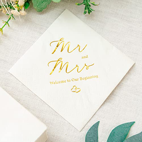 Crisky Gold Foil Mr And Mrs Wedding Cocktail Napkins 100 Counts For Wedding Party Reception Dessert Cake Table Decorations Welcome To Our Beginning Disposable Napkins, 3-Ply, #TOP5