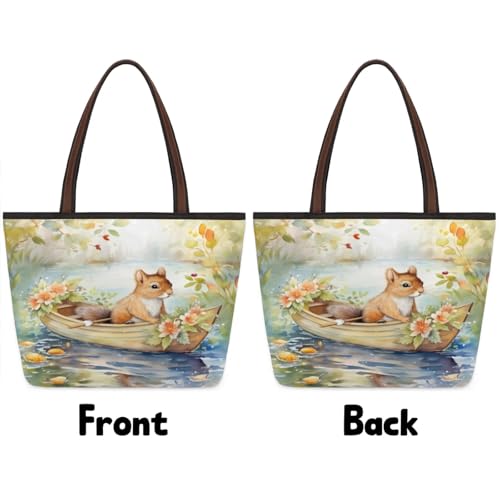 Watercolor Squirrel River Boat Tote Bag Multi Pocket Zippered Beach Bag Lightweight Waterproof Handbag4