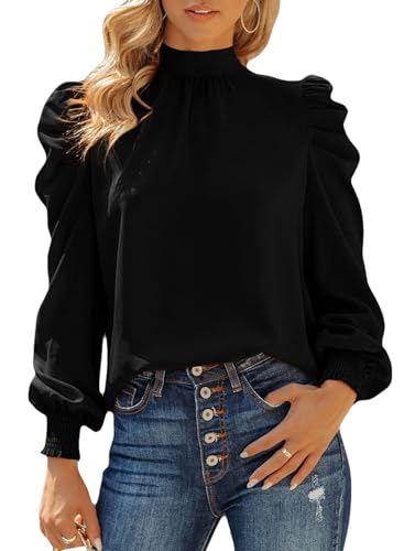 Image of Dokotoo Womens 2024 Long Sleeve High Neck Puff Long Sleeve Casual Loose Shirts Tops and Blouses