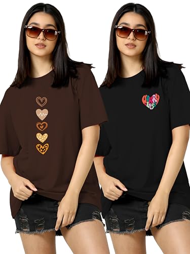 Image of TQH Tshirt for Women | Oversized T Shirt for Woman | Tops for Women Western | Women's Tops | Pack of 2 Cotton Blend Drop Shoulder Printed Loose Fit Casual T-Shirts for Summer College Travel
