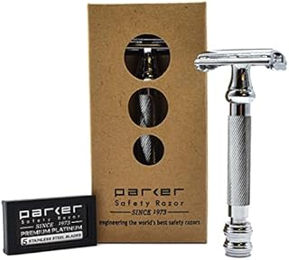 Parker Safety Razor, 99R Chrome Long Handle Heavyweight Butterfly Open Double Edge Safety Razor for Men, 5 Parker Premium Platinum Double Edge Razor Blades Included