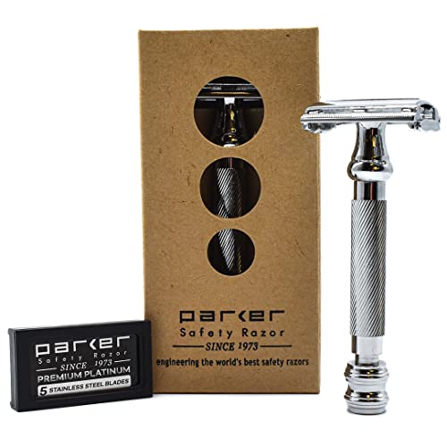 Parker Safety Razor, 99R Chrome Long Handle Heavyweight Butterfly Open Double Edge Safety Razor for Men, 5 Parker Premium Platinum Double Edge Razor Blades Included