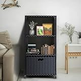 HOOYEAH Pool Towel Rack Outdoor, Waterproof PE Plastic Rattan Wicker Pool Storage Bins Storage Cabinet Organizer, Poolside Towel Caddy with Rolling Wheels for Hot Tub Spa Accessories,Black