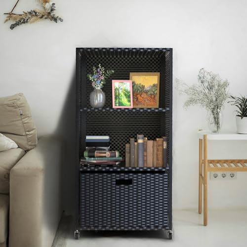 HOOYEAH Pool Towel Rack Outdoor, Waterproof PE Plastic Rattan Wicker Pool Storage Bins Storage Cabinet Organizer, Poolside Towel Caddy with Rolling Wheels for Hot Tub Spa Accessories,Black