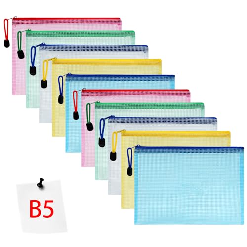 Vicloon Bolsa de Archivo de Cremallera,10 Pcs B5 Bolsa de Documentos Multicolor de Malla Bolsa de Archivo Bolsas de Cremallera de Almacenamiento para Cosméticos Suministros de Oficina Accesorios