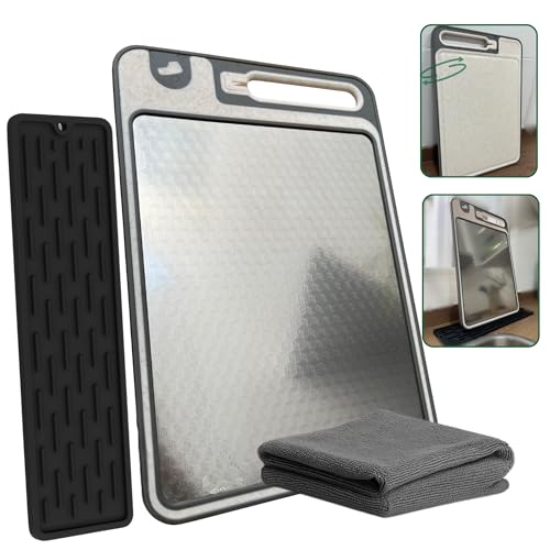 OMDAILYESSENTIALS Tabla de cortar acero inoxidable – Incluye soporte y bayeta, Tabla cortar acero inoxidable doble cara acero/PP ideal para carne, pescado y verdura. Tablas de cocina diseño diamante.