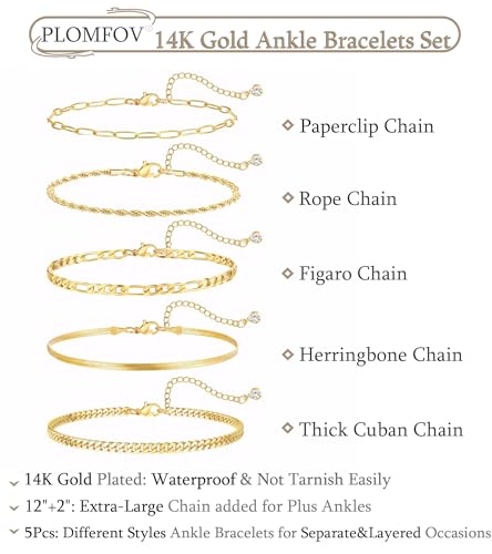 Image of Plus Size Gold Ankle Bracelets for Women Big Ankles, Adjustable Ankle 14K Real Gold Plated Cuban Link Chain Figaro Snake Herringbone Extra Large Anklet Bracelets,Summer Beach Foot Jewelry 10-12inch