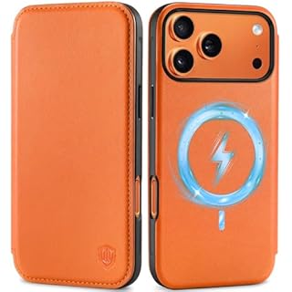 SHIELDON Genuine Leather Slim Wallet Case for iPhone 17 Pro Max 6.9-inch 5G, Magnetic Wireless Charging, RFID Blocking, 3 Card Slots, Shock-Absorbent, Protective Flip Cover - Orange