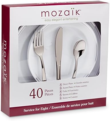 Mozaik Premium Plastic Silver Banded Service for 8 with Assorted Cutlery, 40 pieces