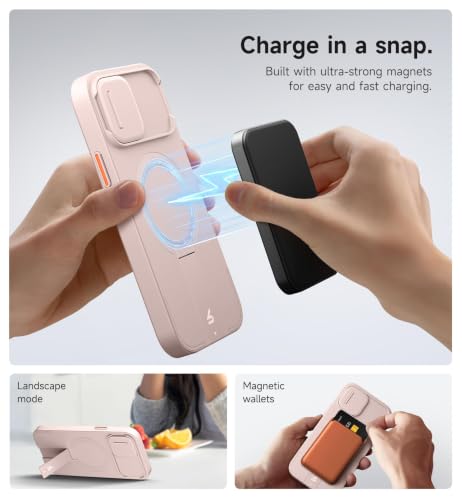 Image of SURITCH for iPhone 12 /12 Pro Case with Magnetic Camera Slide Cover and Adjustable Kickstand, Compatible with MagSafe, Shockproof Bumper Case Slim Protective Cover for iPhone 12 /12 Pro 6.1 Inch, Pink